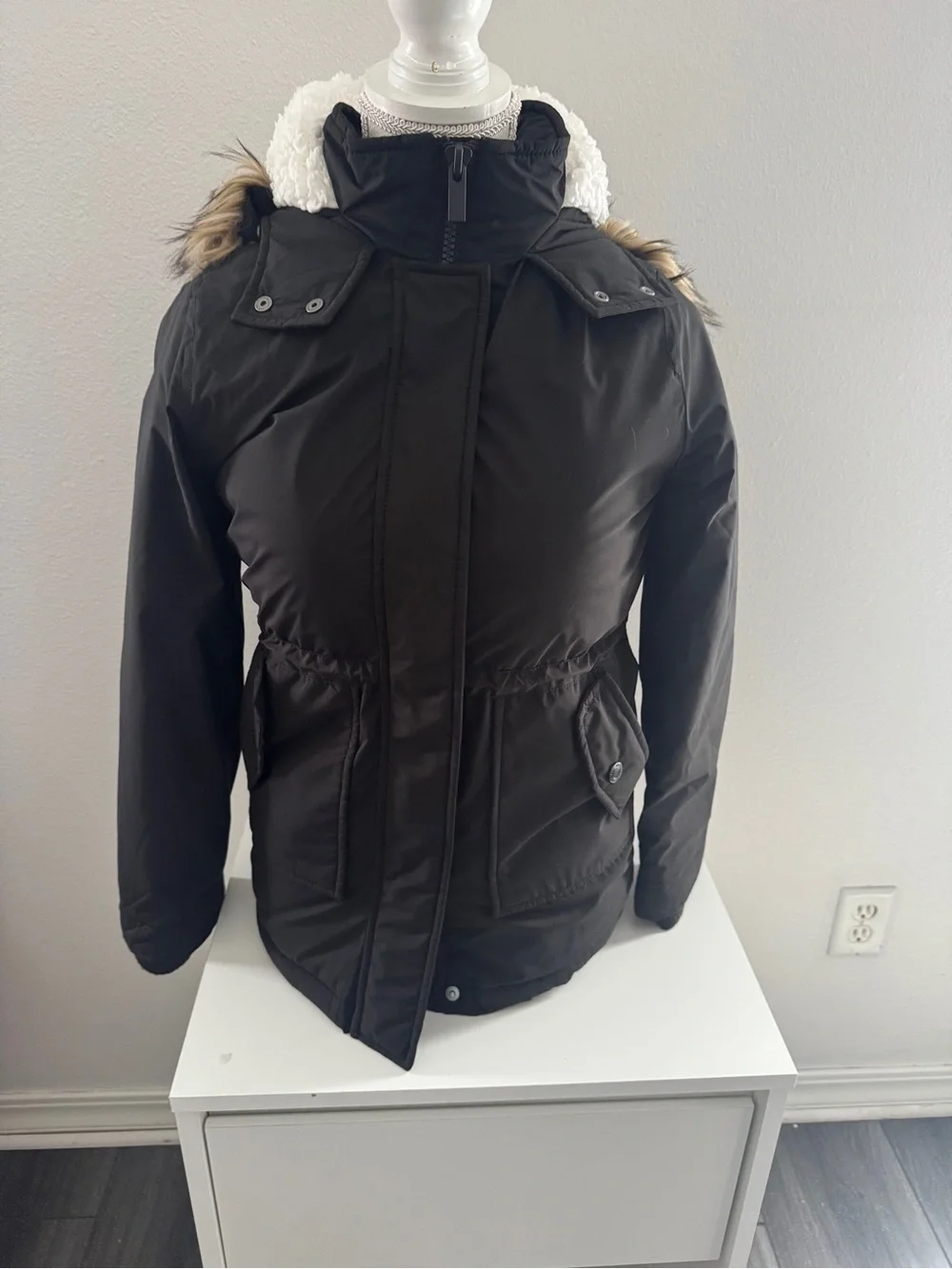 abercrombie kids Black Hooded Pea Coat with Faux Fur Trim